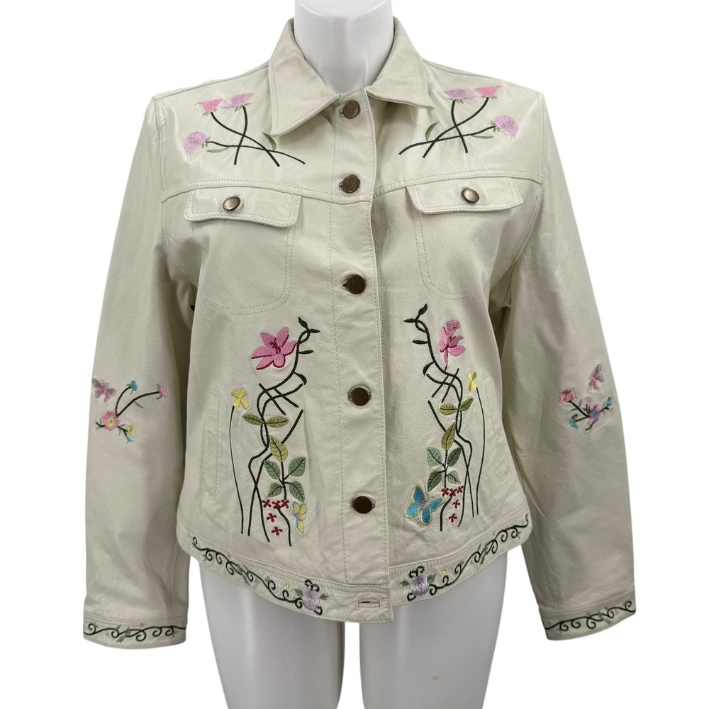 Metrostyle Cream Leather Embroidered Floral Jacket Size 18 Womens